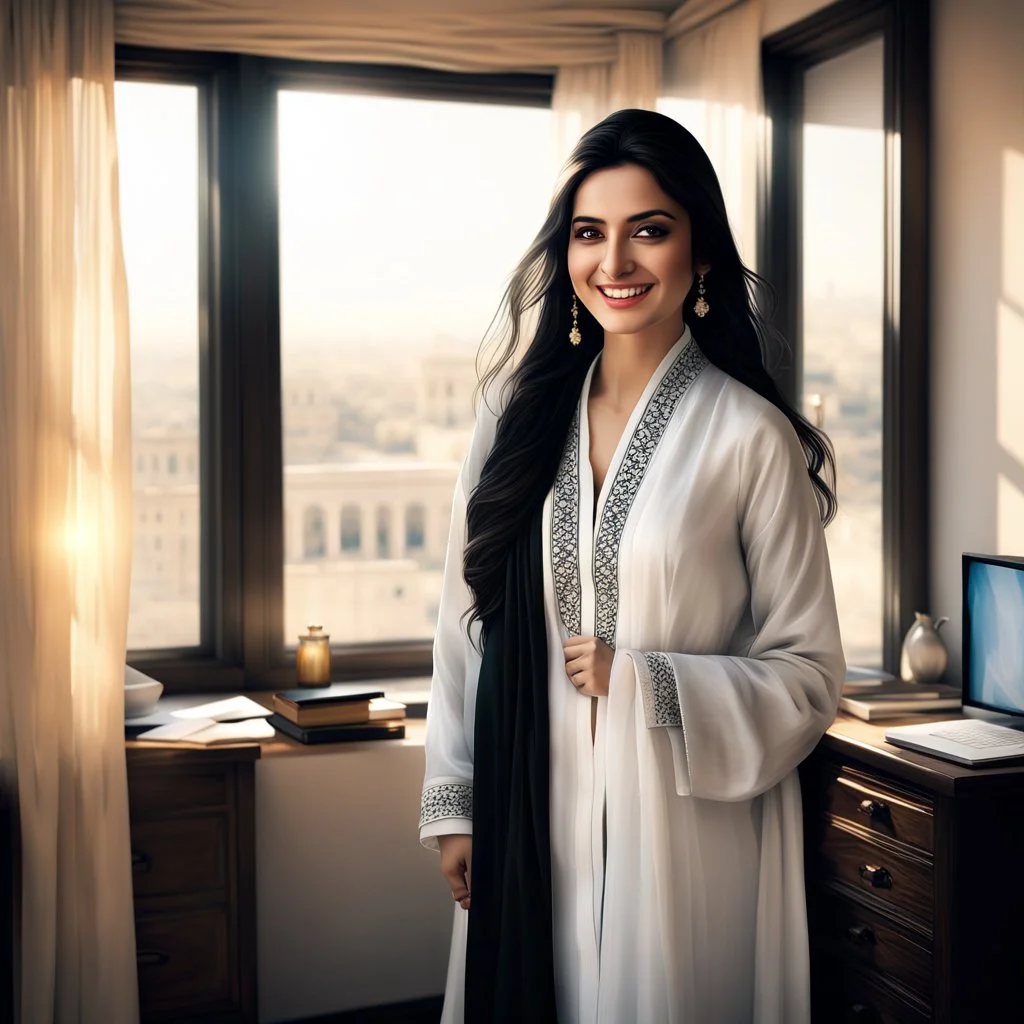 Hyper Realistic Photographic View Of A Gorgeous Pashto Young Woman (Wearing Long White Coat With Black Dress With Black Embroidery & Wearing Plain White Dupatta On Her Neck) Happily Standing & Smiling In Her Office Room With Her Beautiful Long Black Hair With Sun Rays Coming From A Fancy Window At Her Back, With A Little View From Outside WIndow Showing Dramatic & Cinematic Ambiance.