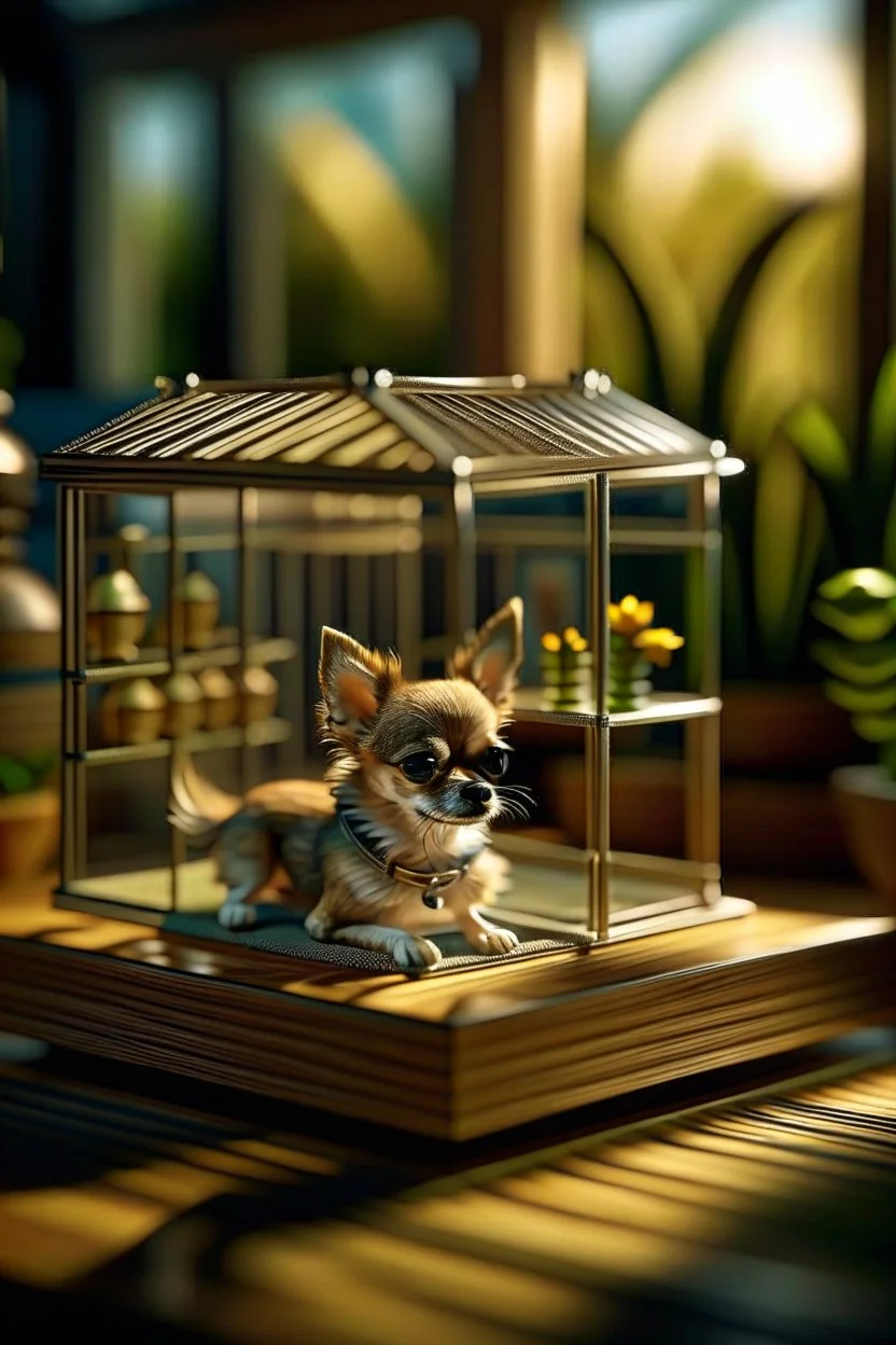 macro photo of Chihuahua in dog house on isometric model on beautiful luxury kitchen table, glass walls and tunnels in isometric perspective, photo-realistic, shot on Hasselblad h6d-400c, zeiss prime lens, bokeh like f/0.8, tilt-shift lens 8k, high detail, smooth render, down-light, unreal engine 5, cinema 4d, HDR