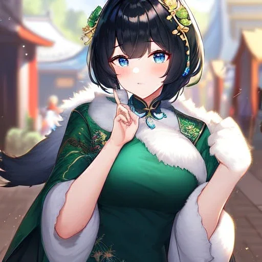 Clear focus,High resolution, Black short fluffy hair, and blue eyes, wearing a Chinese Traditional outfit dark green with black, Blushing, Hand up, white fur around her neck