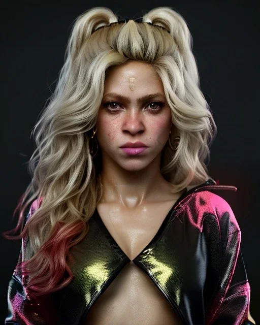 portrait, Shakira, blonde artist, angry, Realistic image, MMA robe, hoodie, mma gloves, loose long hair, eyes make up, gold line make up, moisture, sweat, fog, Neon colors, leds. Black background, photo studio, concept art, smooth, unreal engine 5, god lights, ray tracing, RTX, lumen lighting, ultra detail, volumetric lighting, 3d, finely drawn, high definition, 4k.