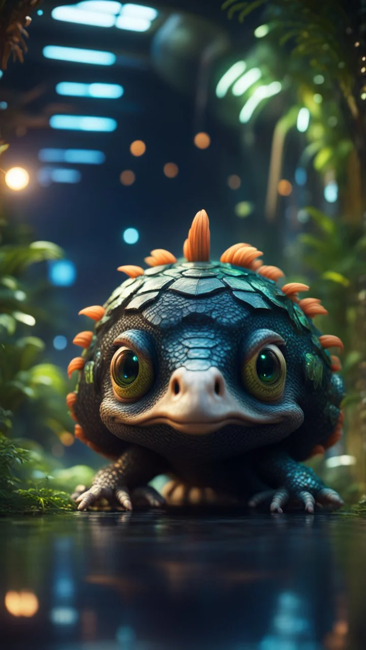 Space ostrich turtle dragon with friendly cute face and hair like a rocker, in dark lit reflective wet jungle metallic hall dome hotel tunnel, in the style of a game,bokeh like f/0.8, tilt-shift lens 8k, high detail, smooth render, down-light, unreal engine, prize winning