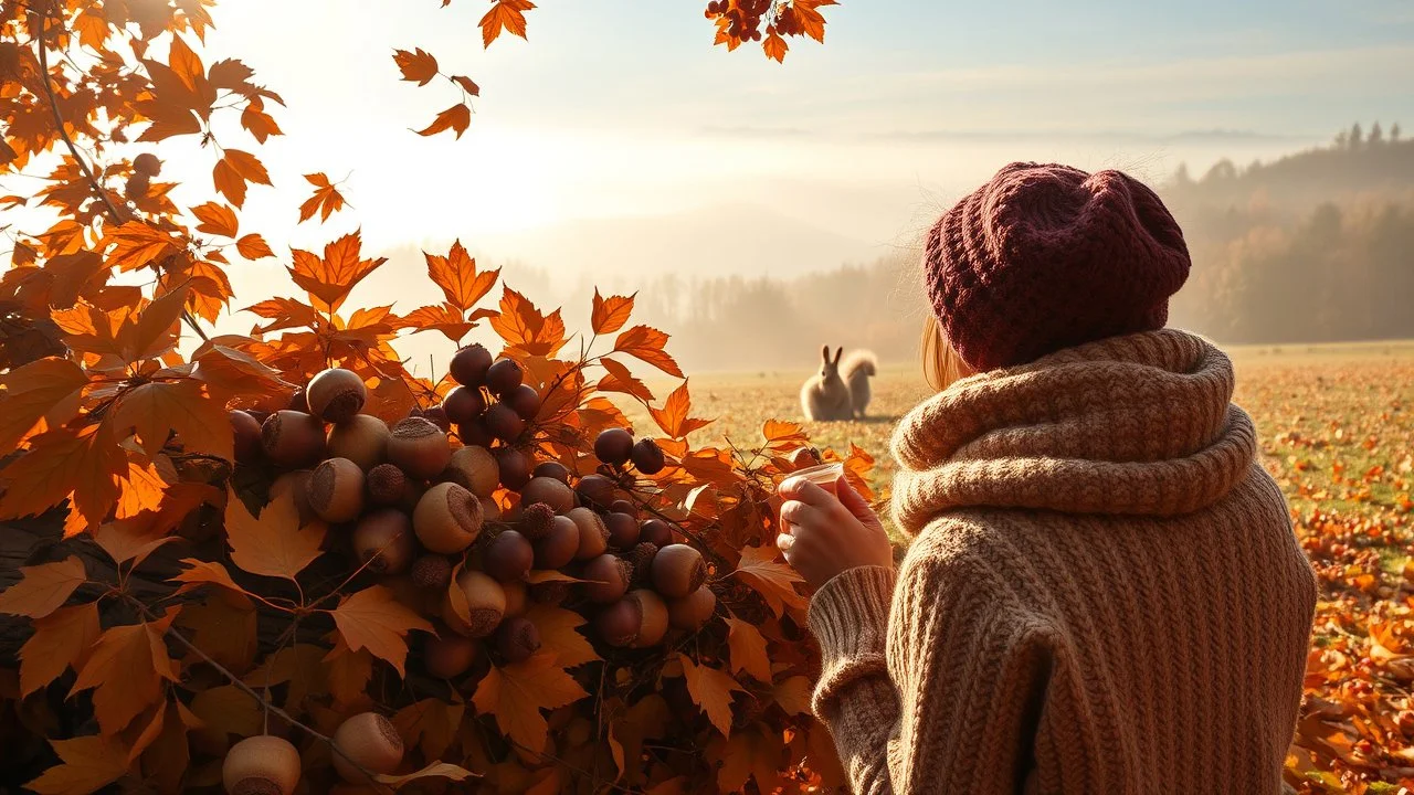 Autumn: falling leaves, chestnuts, acorns, berries, Misty mornings, fog over distant fields or forests, sunshine; people wear scarves, woolly hats, gloves, warm drinks; birds migrating, squirrels gathering nuts, rabbits, beautiful colours, atmospheric. Award winning photograph.