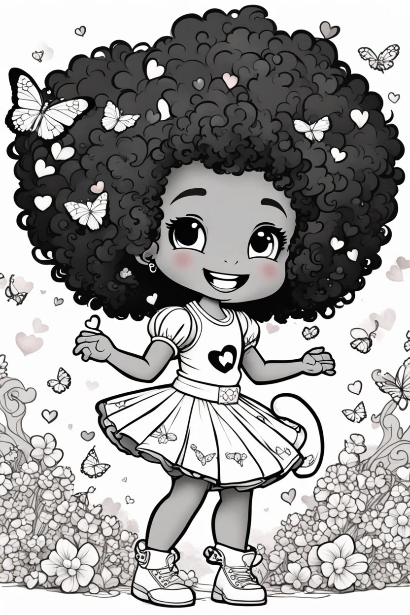 create a coloring page of a chibi girl with a curly afro ponytails dancing around hearts and butterflies. she smiles while shes playing with her kitten, black and white