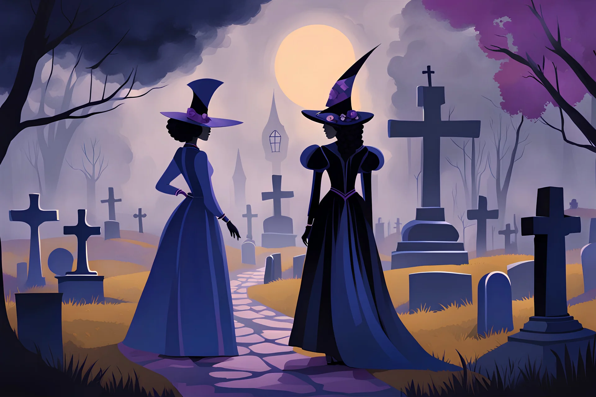 the eerie encounter where a black dressed woman meets a Harlequin ghost in a graveyard :: 8K doomy and gloomy concept art, in the style of Kandinsky Kandinsky and Gustave Doré, dark blue and purple, extremely detailed, dark foggy eerie, award winning, masterpiece, crisp quality