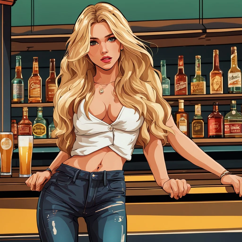 beautiful 20 year old woman, fiesty expression, long blonde hair, photorealistic, 4k, standing in a bar