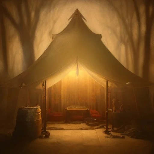 mystical oil painting of an inside view of an old medieval tent with a little opening in canopy