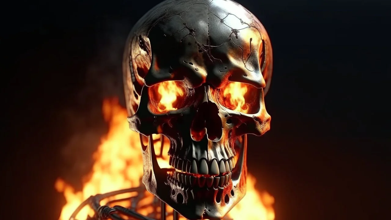 4K. REALISTIC FULL DETAILS. LOGO EMISSION DE RADIO HARDROCK FIRESTARTER TERMINATOR ARRIVANT SUR TERRE ; FLAMMES EN FOND D IMAGE