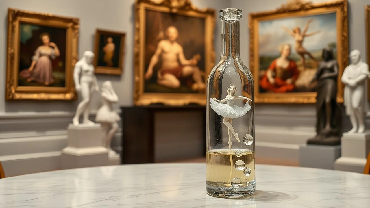 a pretty glass wine jar with beautiful minature glass shapes on out side and some glass hlalf sphere on it with a lady ballerina inside in pretty standing ballet pose on a table in a art gallery with famouse paintings and statues