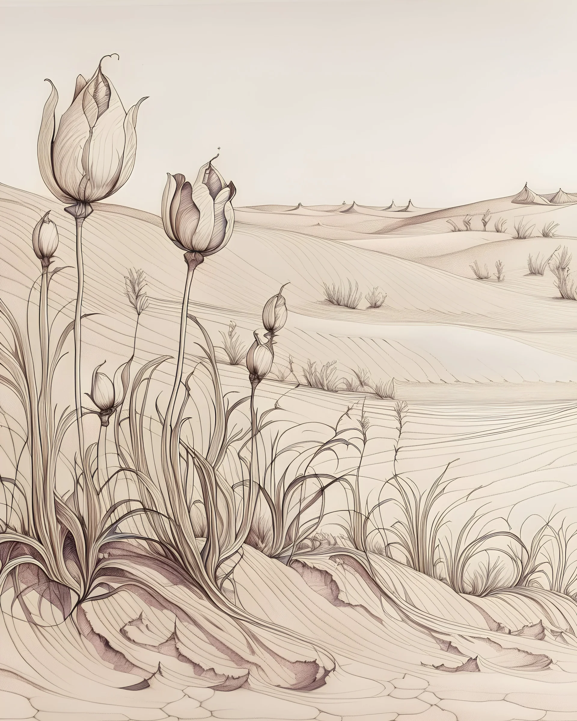 desert, dunes, tulip and frost, ink drawing