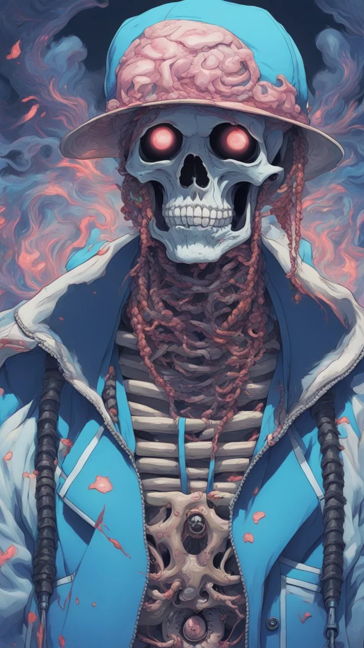 a close up of a person with a skull on their head, blue and black colors, anime skull portrait man, scary detailed art in color, hiroyuki-mitsume takahashi, nychos art aesthetic, half man half skeleton, anime cyberpunk art, colored manga art, rossdraws pastel vibrant, hot colors. insanely detailed, beautiful anime portrait, stunning anime face portrait, scary art in color