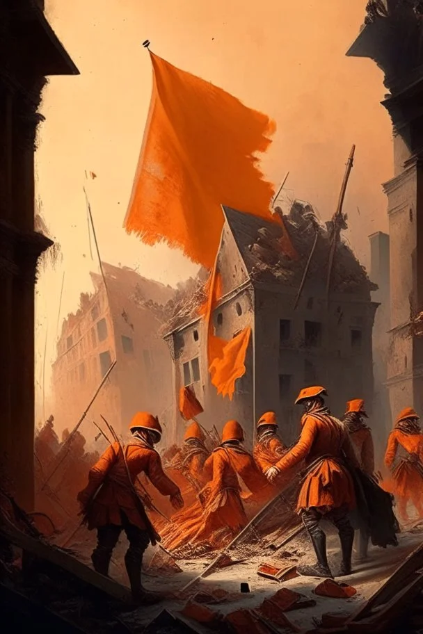 soldiers from the 1700s putting a orange flag in the middle of a destroyed city