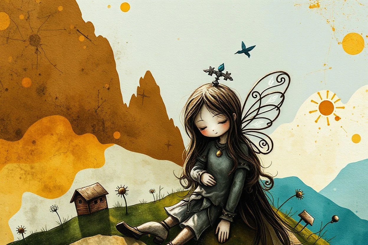 double exposure, merged layers, golden patina, corrosion, topographic lines, needle felt mohair cute chibi fairy princess, fairy village, watercolor and charcoal S<AI in sunshine