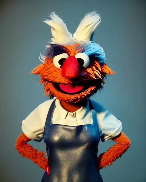 Portrait, hybrid character, waitress woman with monster muppet mask that covers her entire head, retro style, Sesame Street style, smooth, unreal engine 5, god lights, ray tracing, RTX, lumen lighting, ultra detail, volumetric lighting, 3d.