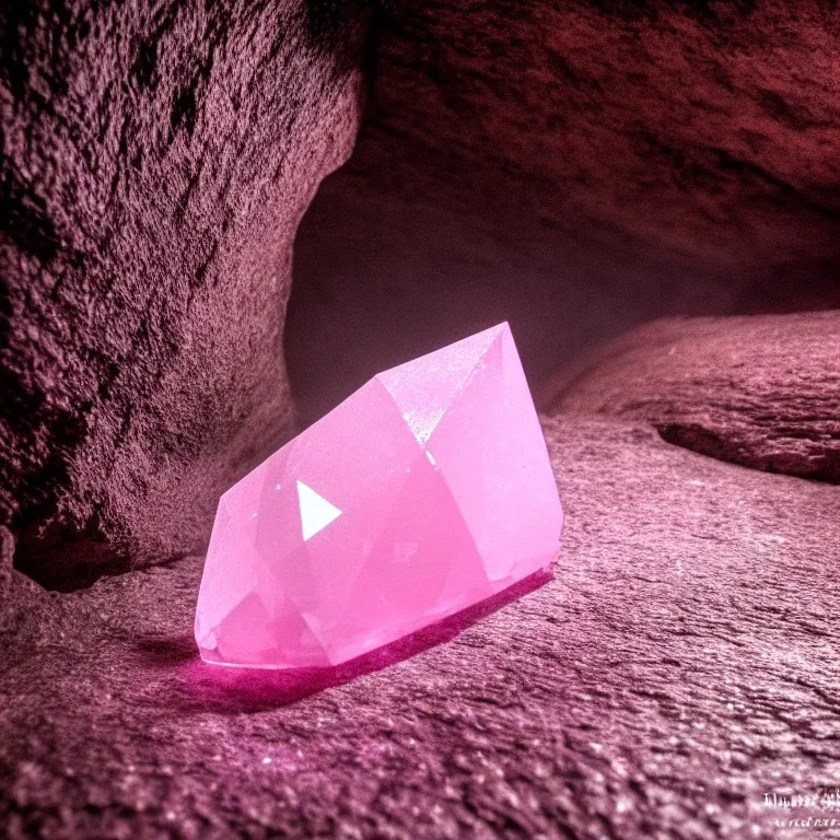 single pink crystal, in a foggy cave