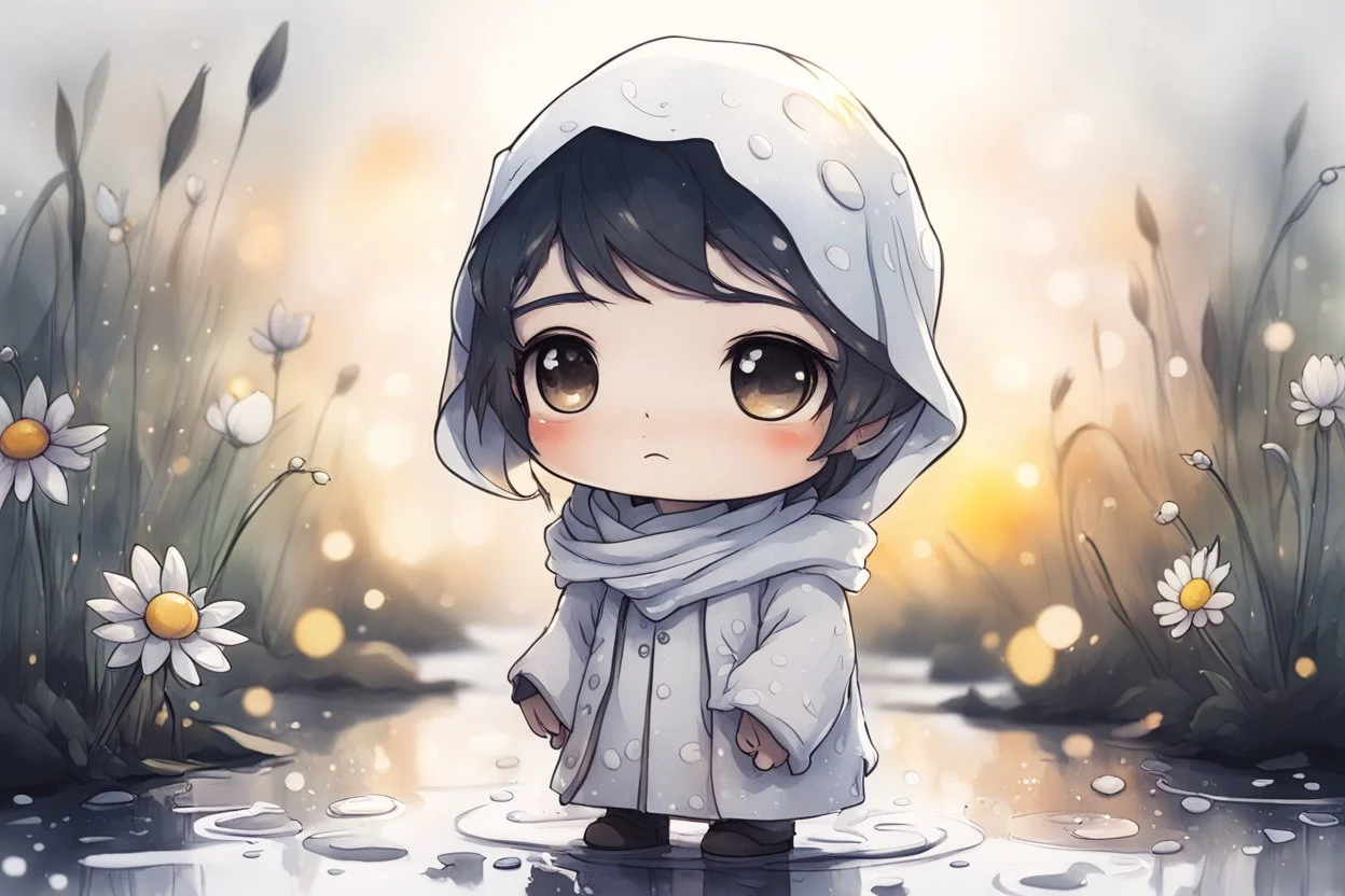 cute chibi anime sheikh, daisyfield, mist, melting watercolor and black ink outlines on wet paper, soft, shading strokes, in sunshine, ethereal, otherwordly, cinematic postprocessing, bokeh, dof