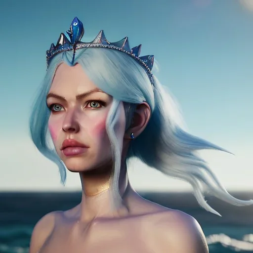 [Sea Elf] [Maormer] Queen with [white hair] and [blue skin] on a ship fantasy realism