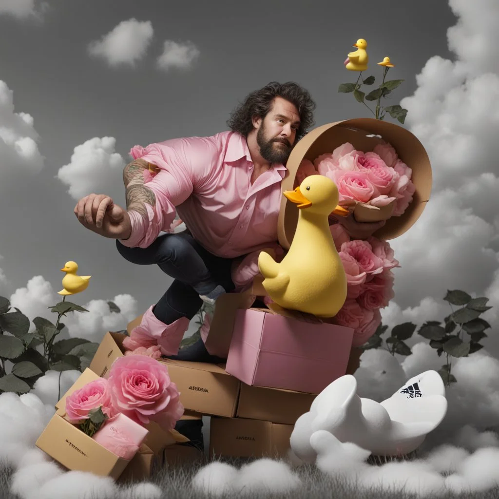 A big, hairy muscular man in a velvet Prada shirt sits in a field of pink roses next to yellow plastic ducks, eating candy, and Adidas boxes next to him.