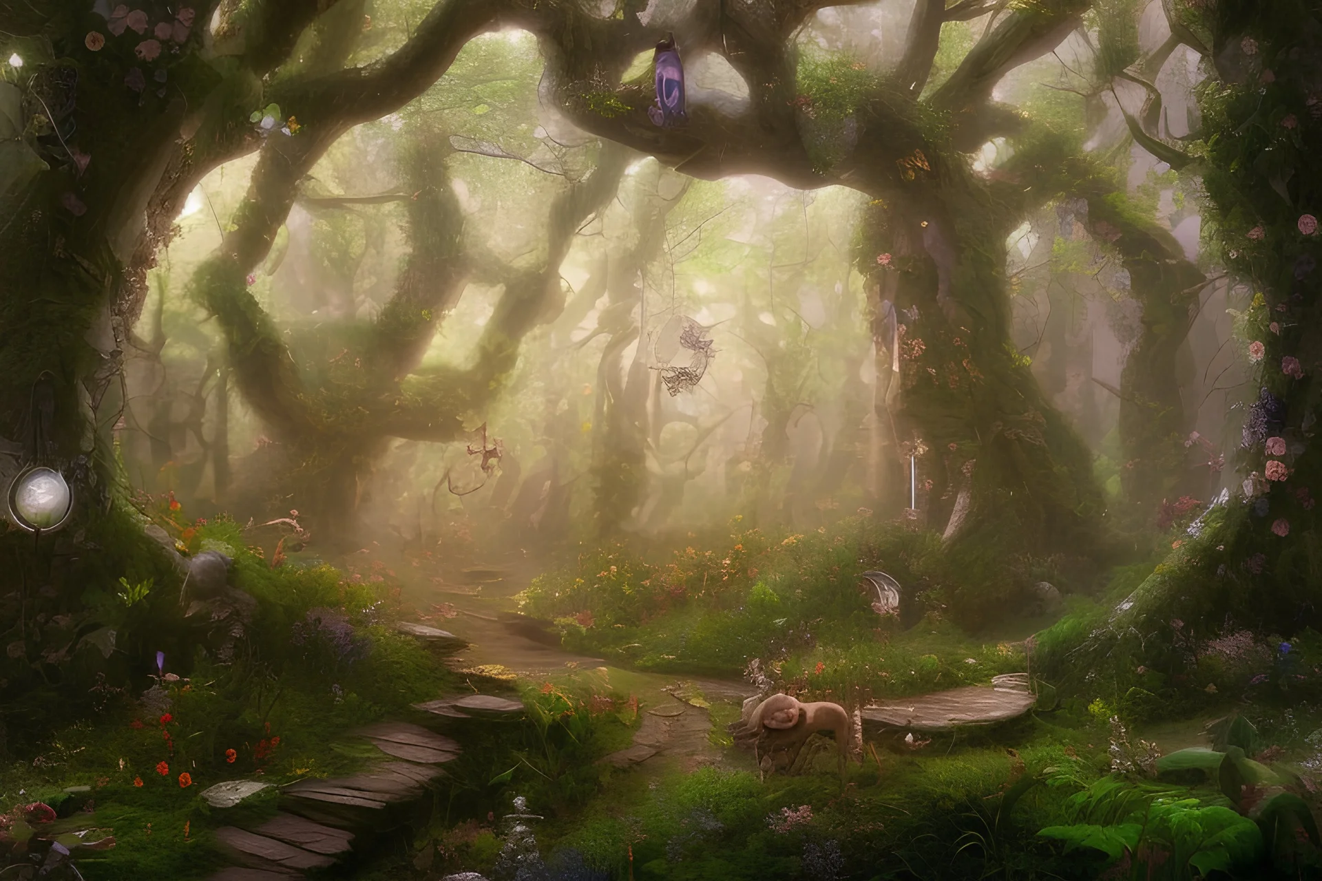 10. Create an image of a whimsical and magical forest with talking animals and hidden paths