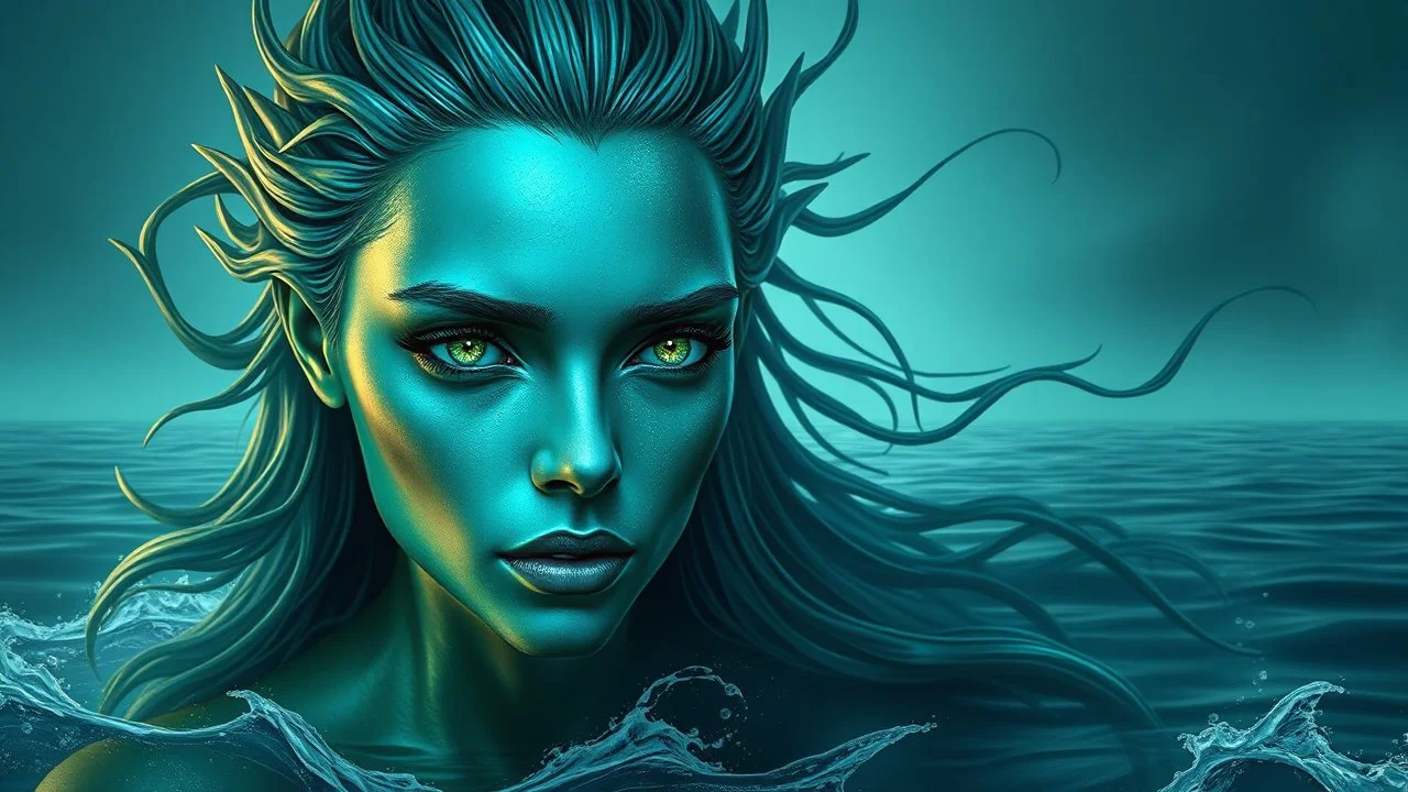 In this captivating digital artwork, an ethereal figure emerges, embodying the essence of the ocean. Her skin shimmers with a metallic emerald hue, reflecting the deep mysteries of the sea. Her hair, sharp and flowing like seaweed caught in a current, adds to her otherworldly appearance. Eyes glowing with an inner light, she gazes out over the water with a serene yet powerful expression, as if she is the guardian of all that lies beneath the waves. This portrait captures the beauty and mystique