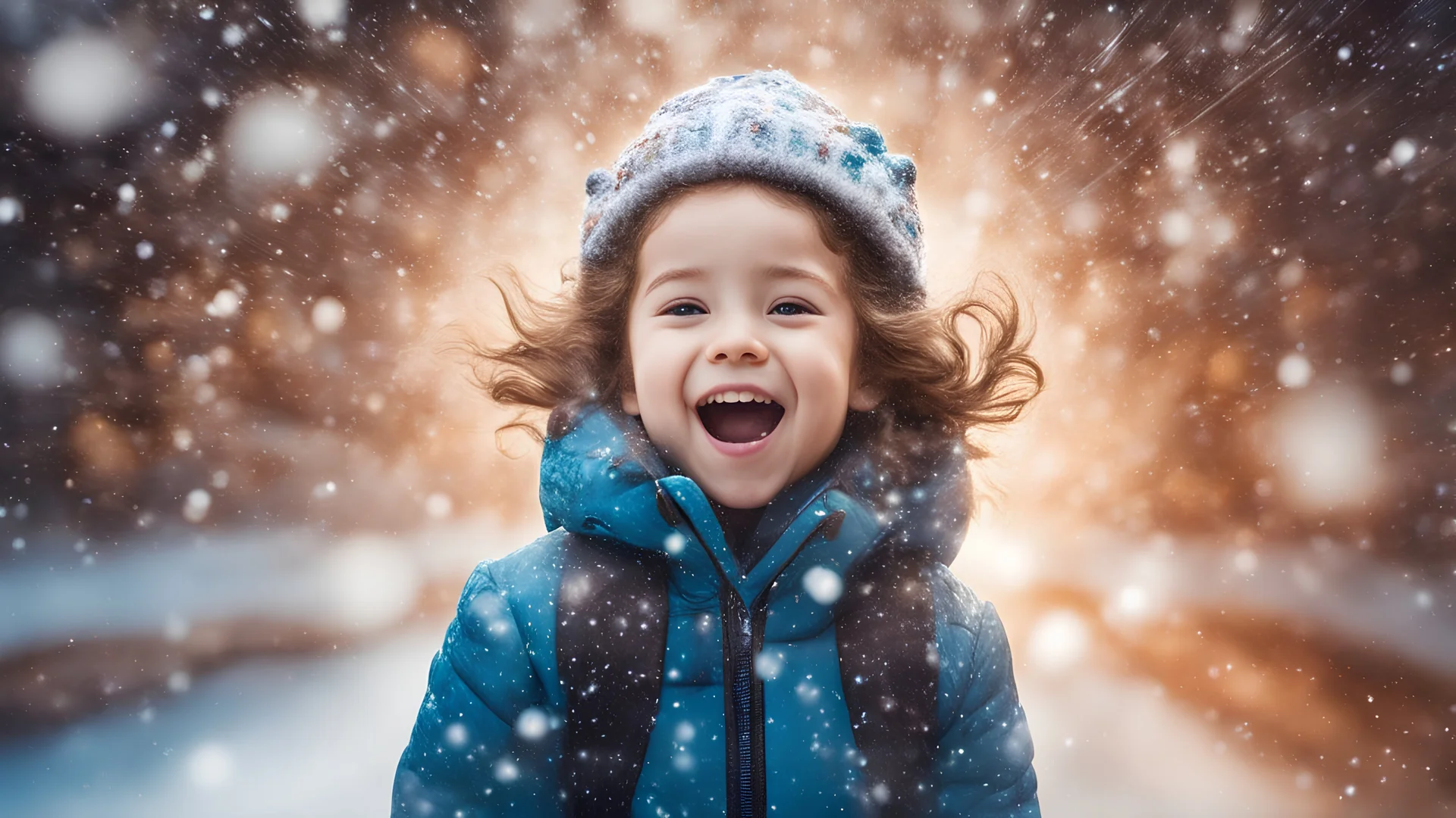 Magical Fantastic young happy child facing camera, Liquid Structure, Flying snowflakes, Splash, Portrait Photography, Fantasy Background, Intricate Patterns, Ultra Detailed, Luminous, Radiance, Joy, Exuberance, Fun, energy, excitement, Ultra Realism, Complex Details, Intricate Details, 16k, HDR, High Quality, Trending On Artstation, Sharp Focus, Studio Photo, Intricate Details, Highly Detailed, perfect anatomy