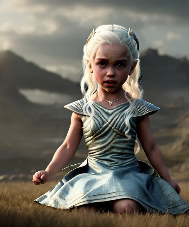 Daenerys Targaryen toddler, full body, dramatic lighting, angry, hyper realistic,