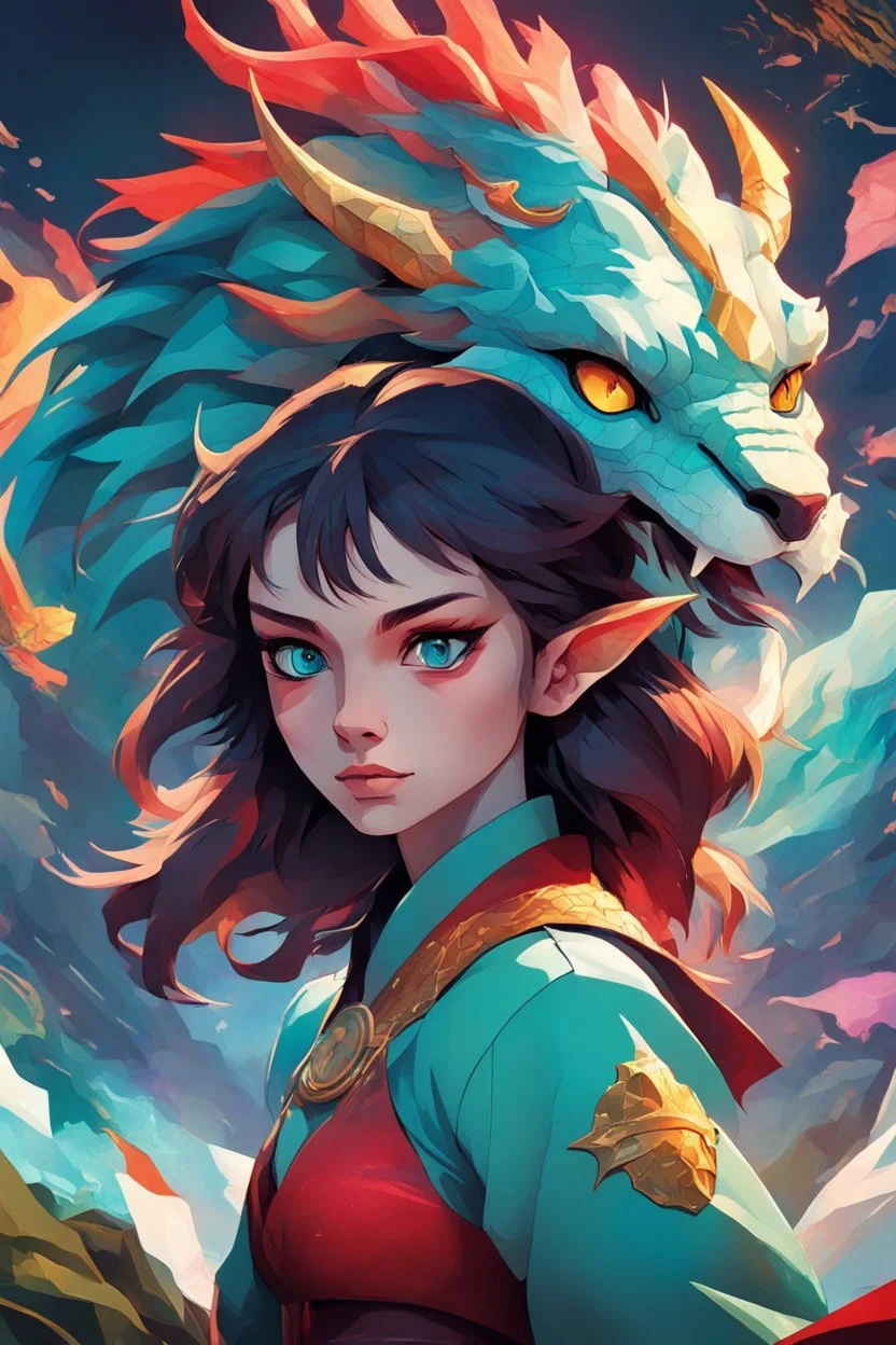 A dragon mixed with a mythical lion and a human female elf. Dramatic and powerful look and feel. Extensive attention to details. Bold lines. Vivid colors. 80s style retro anime art. Double exposure. cubism style. high resolution, full details