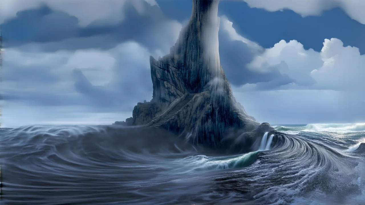 A colossal, calcified mountain, shaped like a great blackend redwood tree trunk, rises dramatically from the ocean. A powerful whirlpool swirls around the entire mountain, drawing water from the ocean and funneling it into a pit at the base of the trunk. Treacherous, broken steps wind their way up the cliff fac, leading the viewer's eye upward. composition emphasizes scale and power of the mountain, intensity of the whirlpool. style: realistic fantasy. dramatic, moody ligh