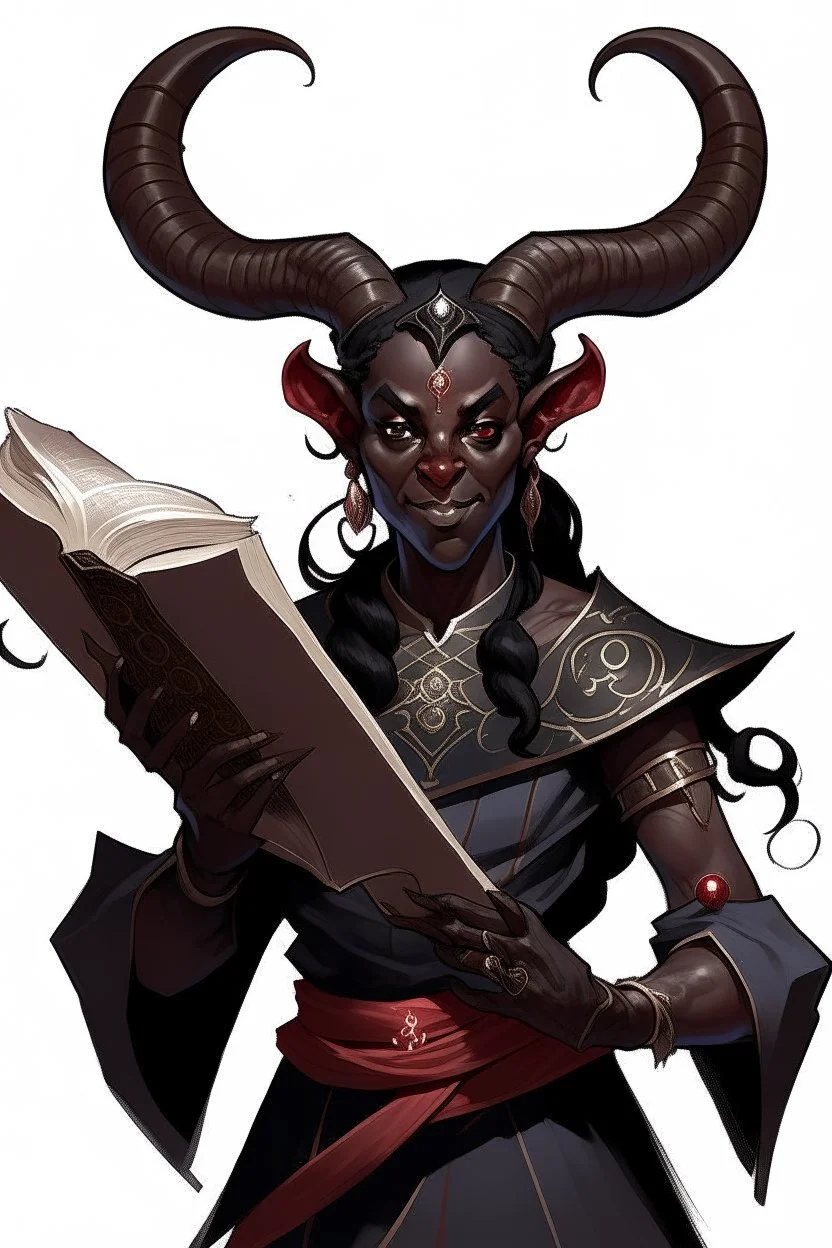 En black skin tiefling fra dnd holding a book with Arcane simple swirling around them