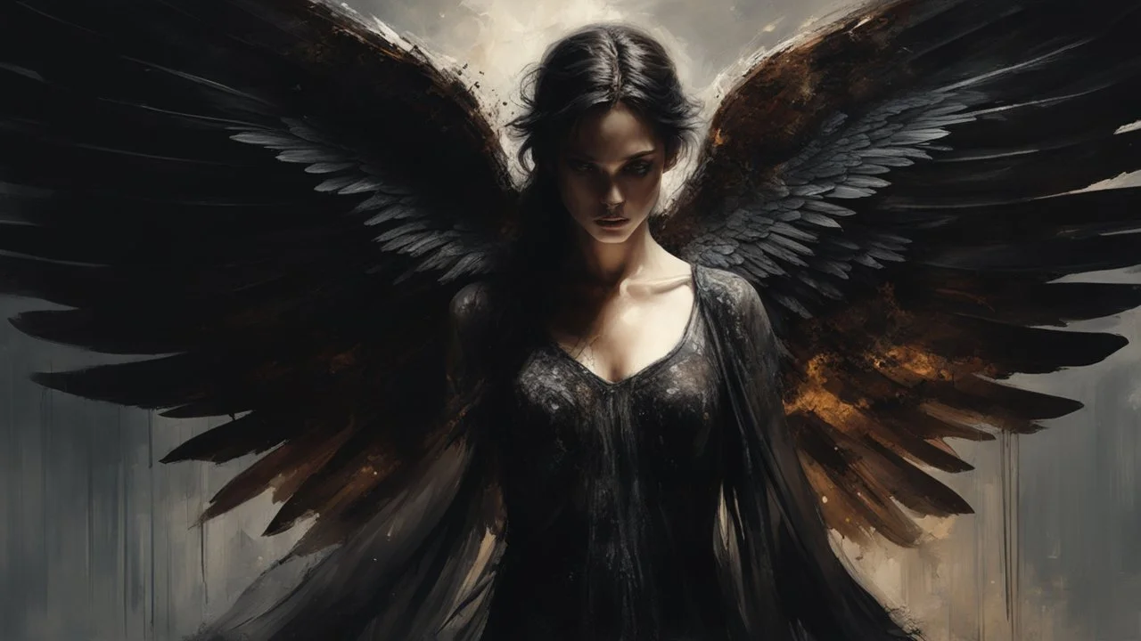 Dark and ethereal, the angel's black wings spread. Each wing carried with it an ancient story, a deep secret that hid in the shadows. cinematic detailed mysterious sharp focus high contrast dramatic volumetric lighting, :: mysterious and dark esoteric atmosphere :: digital matte painting by Jeremy Mann + Carne Griffiths + Leonid Afremov,, dramatic shading, detailed face