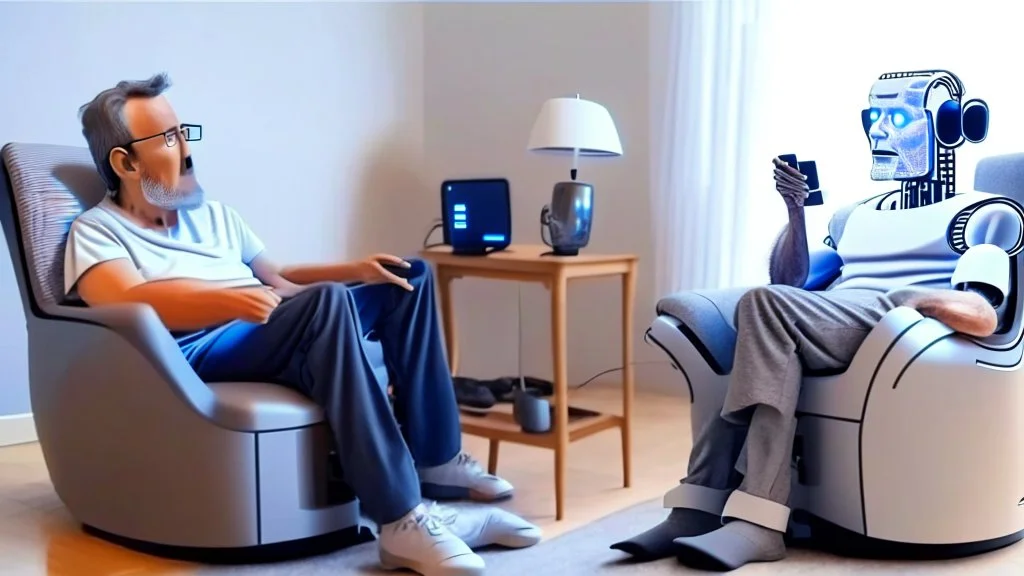 man sitting in his lazy boy chair at home argues with his AI clone that is in a different location over the phone