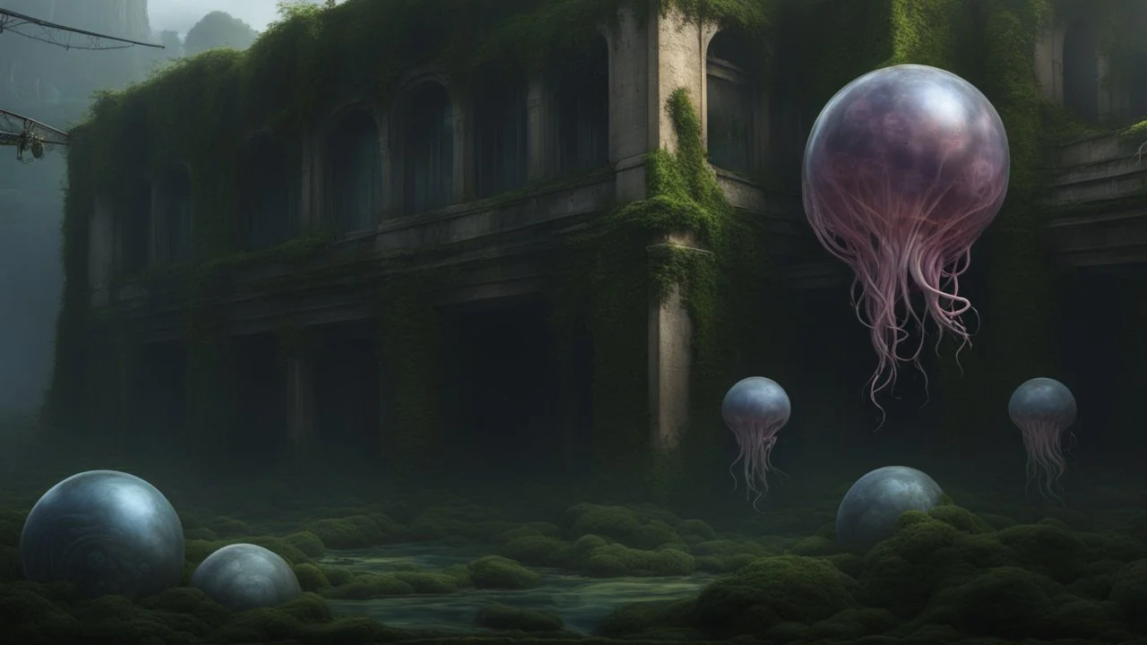 floating alien balls with jellyfish tentacles, rampant foliage, and vines, next to a derelict alien building, photorealistic, surreal Detail