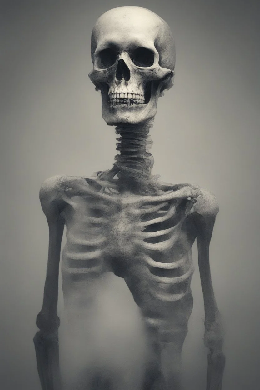 a blurry, distressing, haunting image of a fracturing skeleton, realistic
