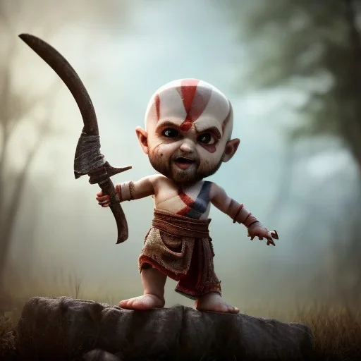 Cute baby video game god of war krotos, axe, mytology, 8k resulation, cinematic lighting, octane render, unreal engine 5