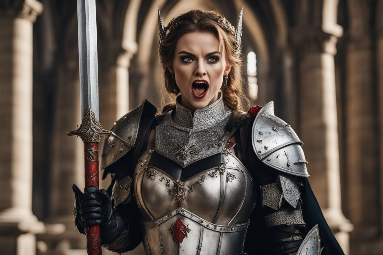 portait of a menacing bride in revealing bloody heavy armour, she holds a wedding rapier, she sticks out her tongue, shows her fangs and gives the finger [scene in a cathedral]