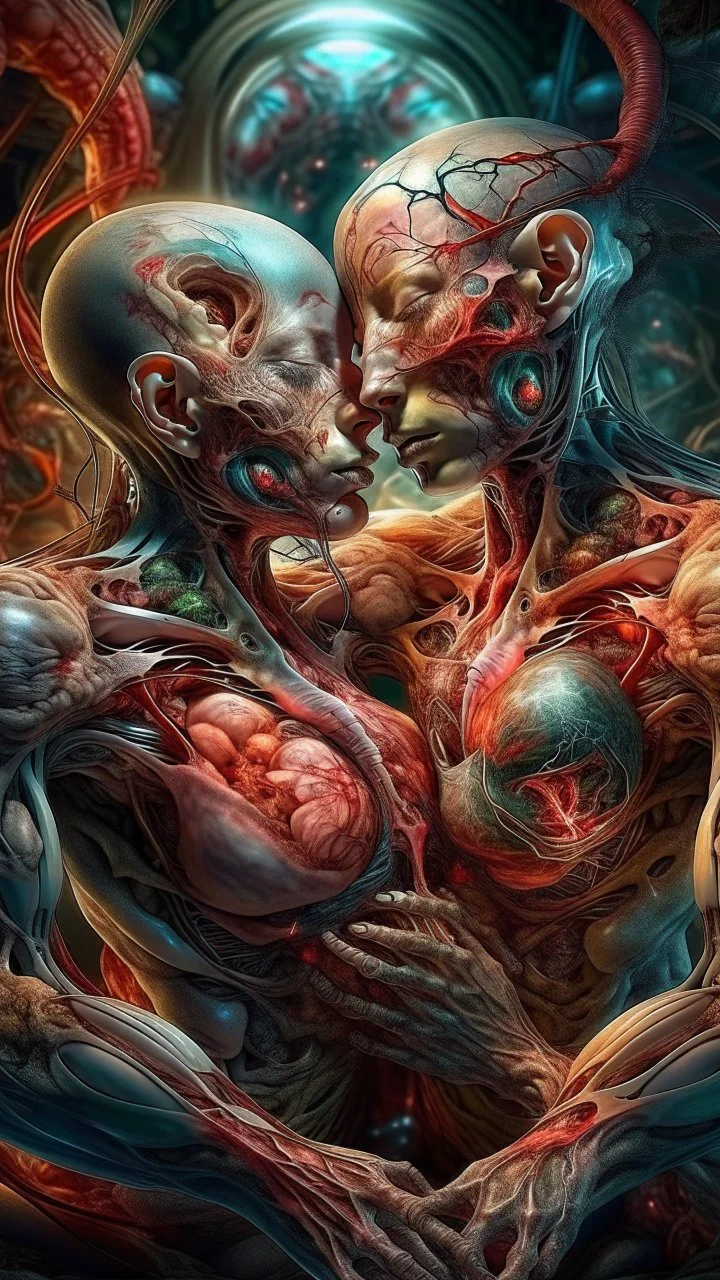 cinematic Bosch style gore photorealistic fleshy quantum vortex dmt lsd photo of 2 conjoined mangled bodies making love, 1 soul vortex, complementary, anatomically fragmented, ripped apart again being flayed, skinned alive. A beating heart, muscles, blood vessels, bowels, entrails are exposed. anatomy. physiology. Bosch and Dali inspired hallucinations. mythology. grotesque.