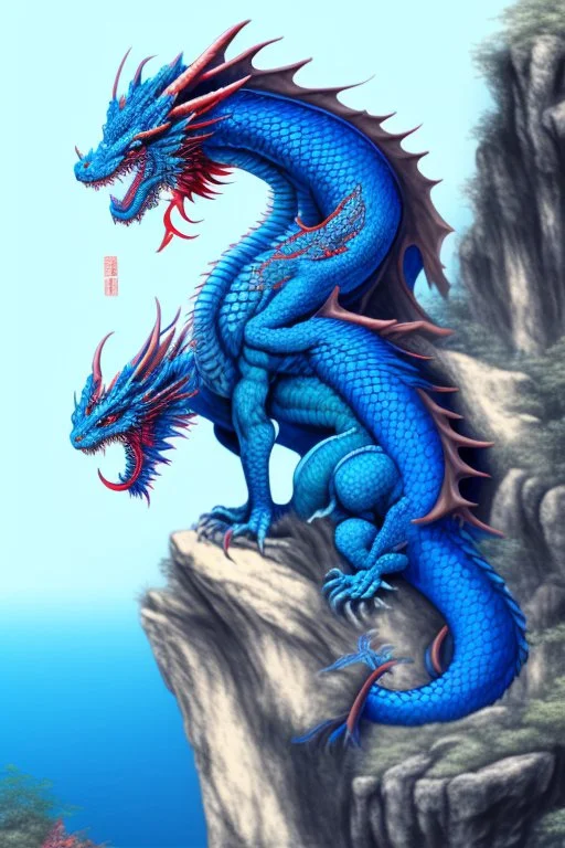 chinese blue dragon on top of fantasy cliff