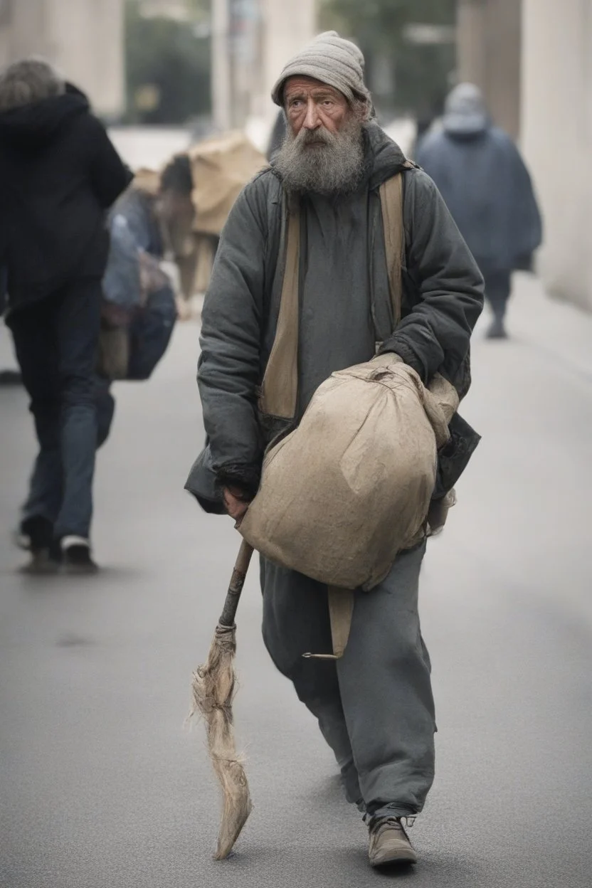 A homeless man carries a stick with his belongings on it.