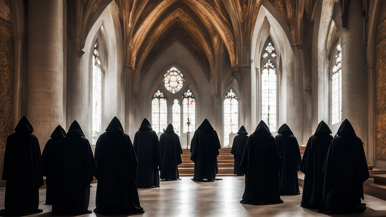 black robe hooded monks in the chapel