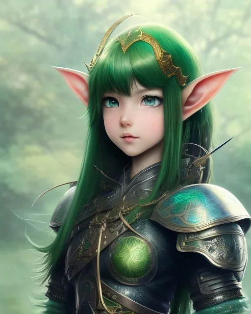 Detailed anime child elf girl, green hair, black and green dragon scale armour, intricate details, full body portrait, keep head in frame, slight smile, black Japanese motif, concept art, highly detailed, digital painting, concept art, sharp focus, illustration, art by Yoji Shinkawa, WLOP and greg rutkowski and alphonse mucha and artgerm and yanjun Chen and Junji ito and Makoto Shinkai, HDR, octane render