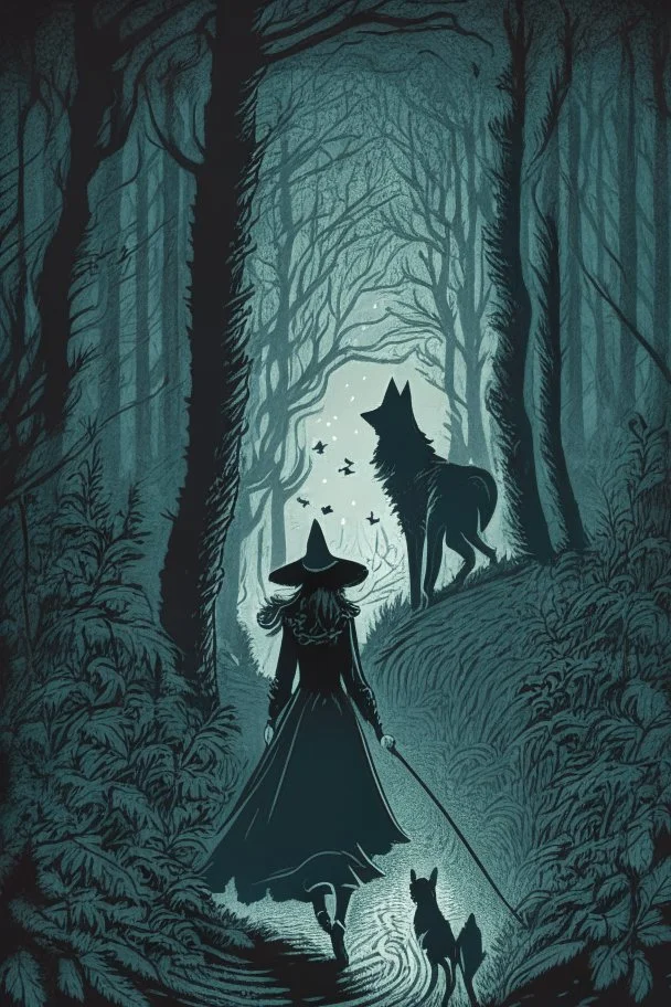 in the style of a Henry Justice Ford drawing, a beautiful witch walks through a dark forest, a dog is coming towards her