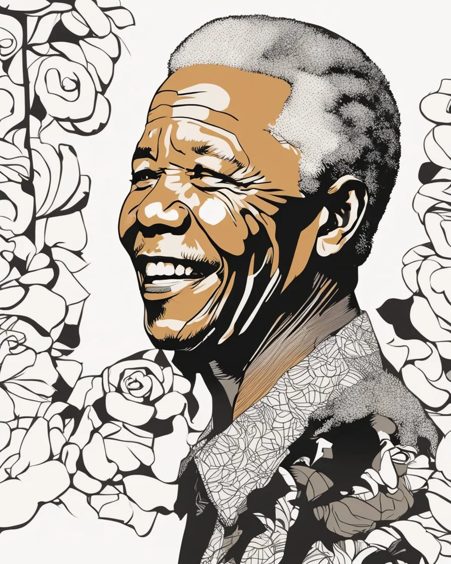 simple outlines art, bold outlines, clean and clear outlines, no tones color, no color, no detailed art, art full view, wide angle, white background, Nelson Mandela