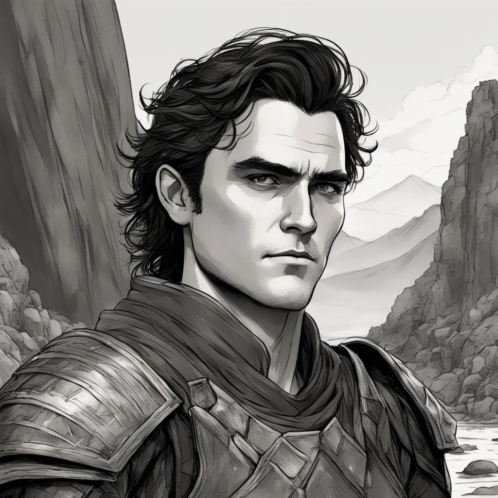 A portrait of Joaquin Phoenix in his early 30s, long beachy haircut, black hair, on a rocky island, in ebony armor from Skyrim, melancholic and dangerous facial expression, half-smiling, drawn in the style of ink manga sketch