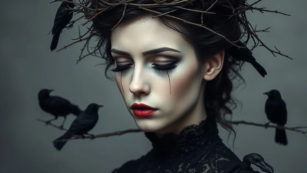 A hauntingly beautiful portrait of a young woman with pale skin and closed eyes, her dark hair woven with thorny branches that form a nest around her head. Several black birds perch on these branches, their silhouettes stark against a muted, grey background. Her makeup is dramatic, with dark, smudged eyeliner that trails down her cheek like tears, and her lips are a deep, muted red. She wears a high-necked, dark Victorian-style dress with intricate lace detailing. The overall mood is melancholic