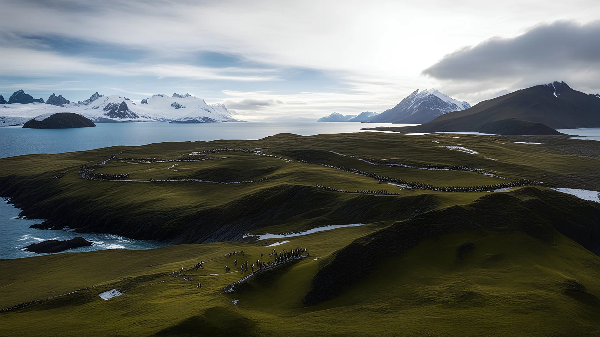 South Georgia island, penguin colony, ocean, mountains, sky, beautiful composition, award-winning photograph, astonishing realism, 28mm lens, adjust perspective