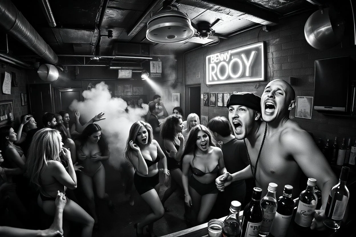dans golv på en nedsliten sunkig techno club, många personer som dansar, yppiga kvinnor, scen rök och ljus strobes, svartvit bild, en del personer ser in i kameran och skriker: "Benny!" och en Neon Skylt med texten "DJ ROY" på väggen, DJ Roy skriker rätt in i kameran, öppen mun, mycket flaskor och glas i baren