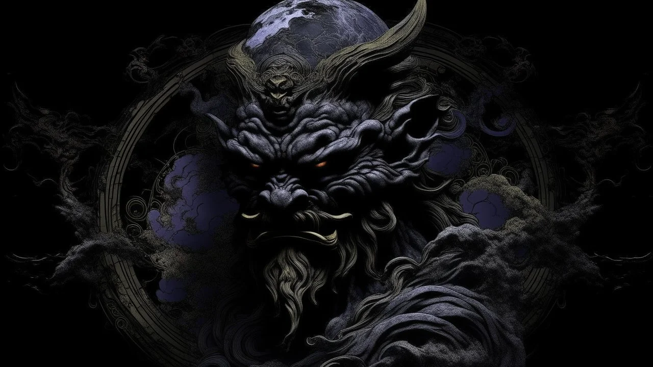 A purplish black moon empire in a dark dimension designed in Japanese Oni masks painted by Auguste Rodin