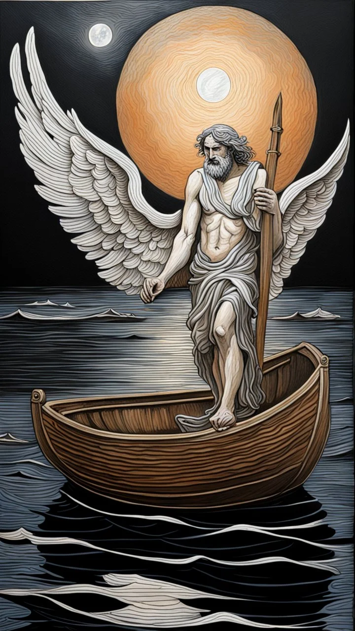 Oil painting with pen outline Charon in his boat wearing angel