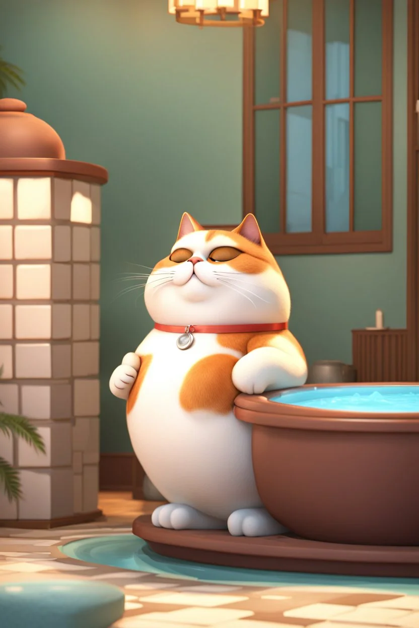 A fat palace cat getting a message in a spa, 3d animation ,funny