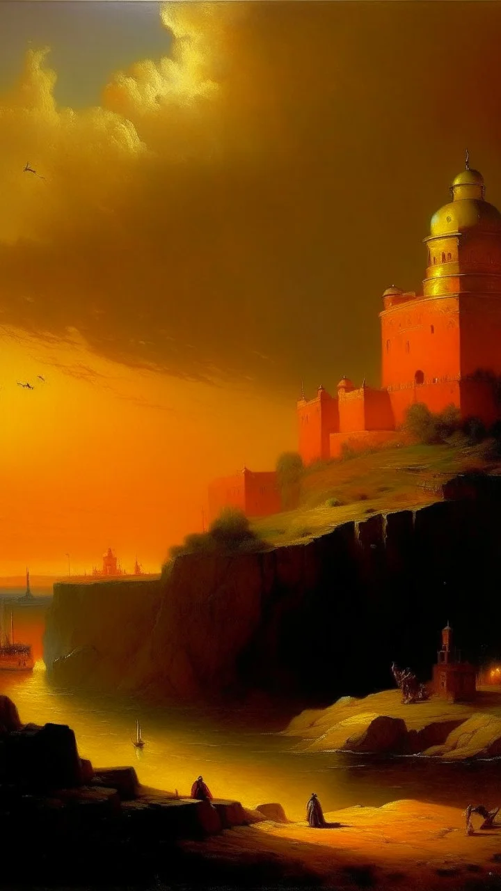 A dark orange colored Eastern plasmatic fortress painted by Ivan Aivazovsky