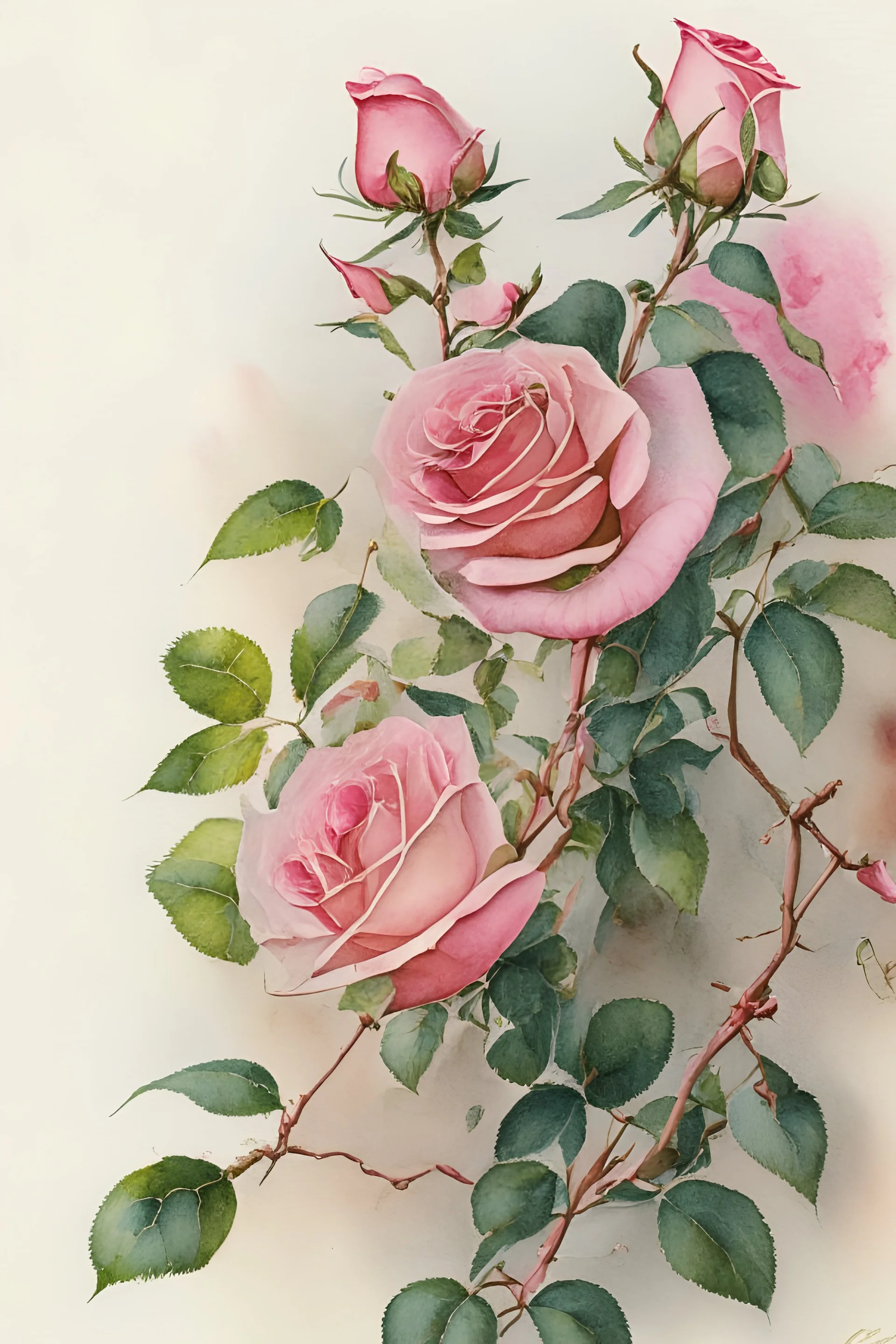 rose bush, many buds and flush and flowers, watercolor